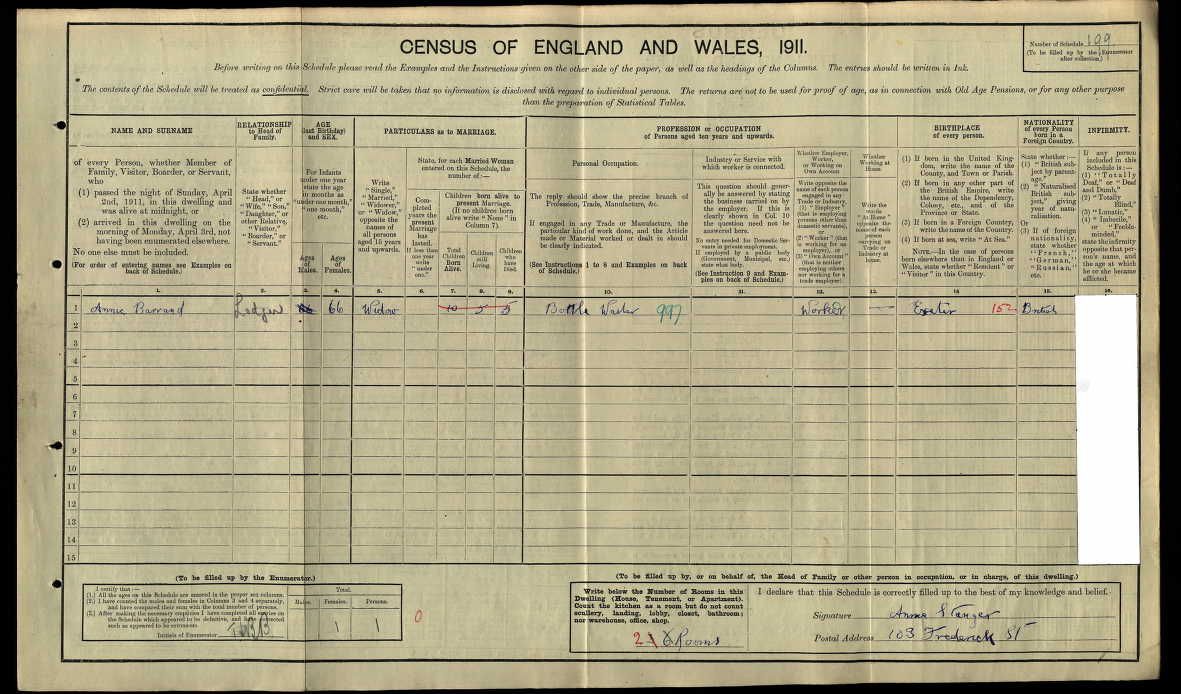1911 Census of Mary Ann Barrand – showing 10 children (5 living and 5 died)
