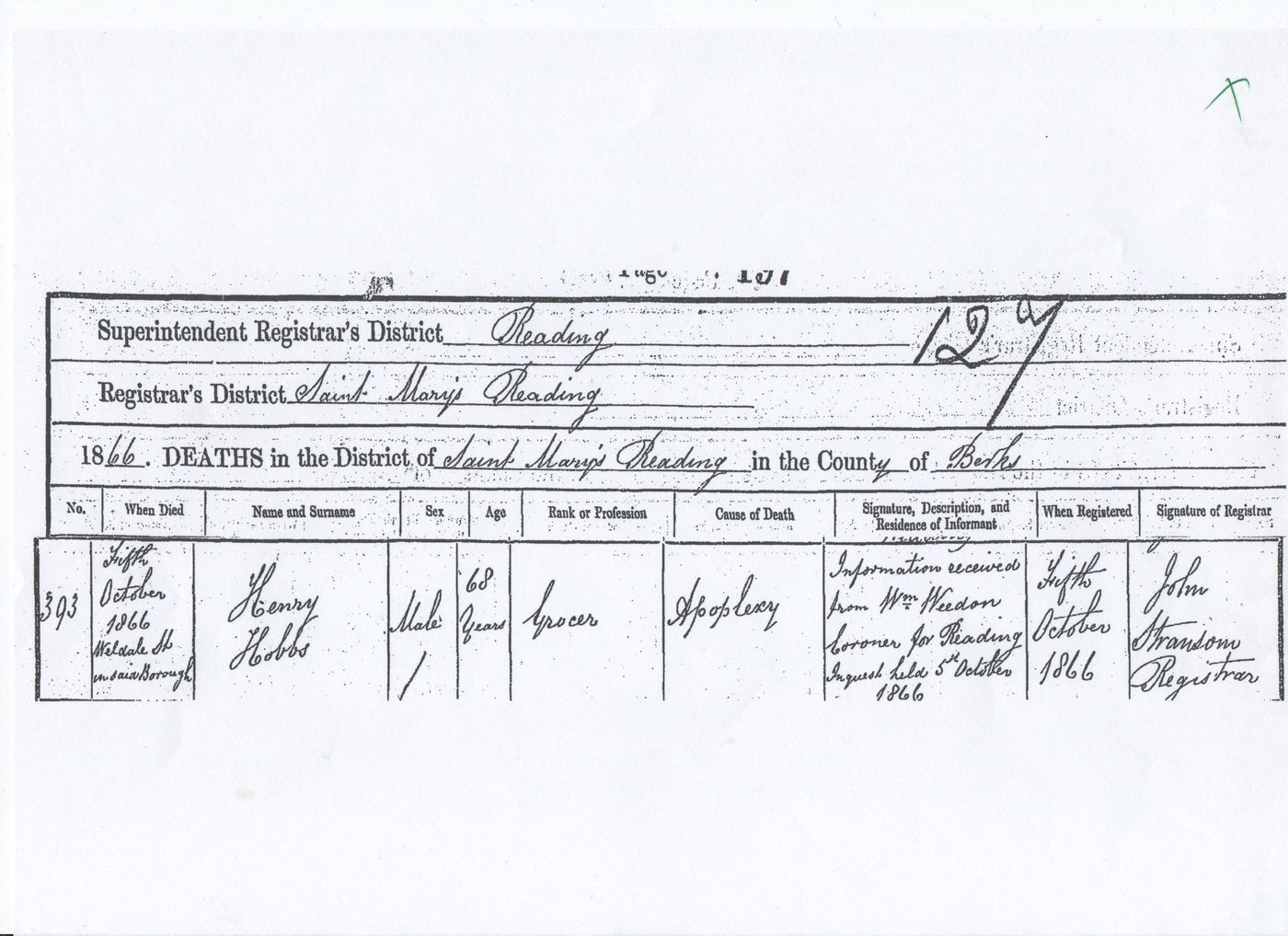Death Certificate – Henry Hobbs 1866