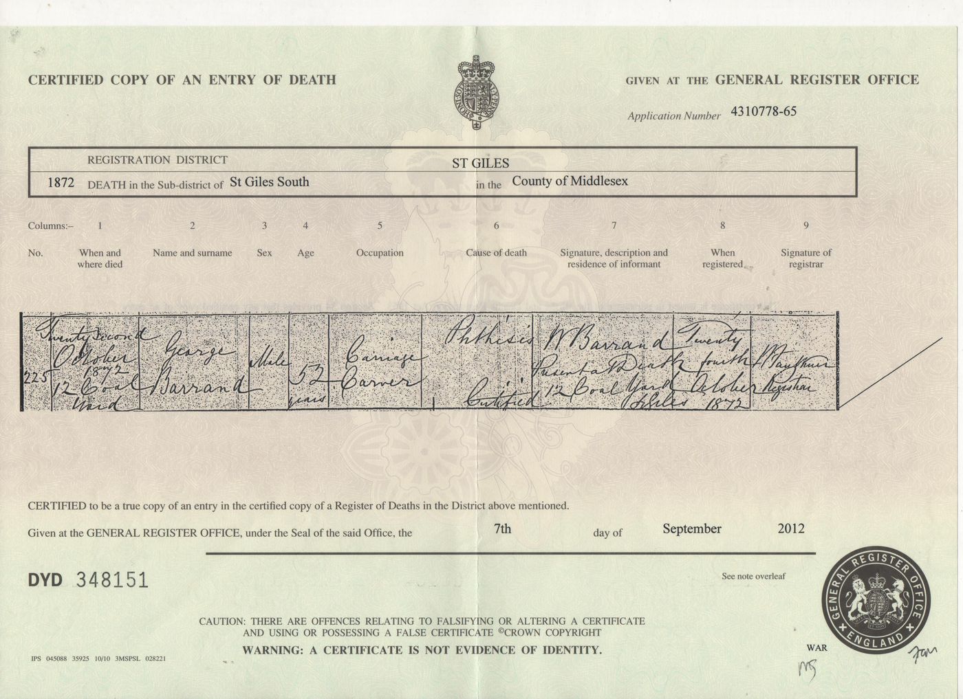 1872 Death Certificate of George Barrand
