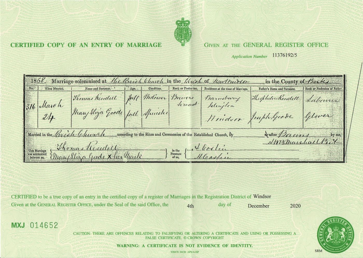 Marriage Certificate Thomas Rendell and Mary Eliza Goode 1868