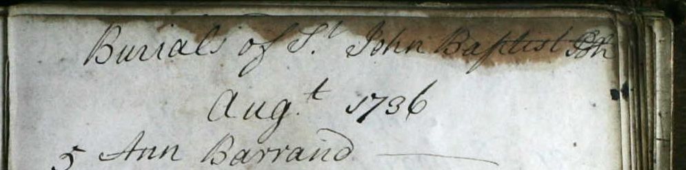 Death record of Ann Barrand 5th August, 1736