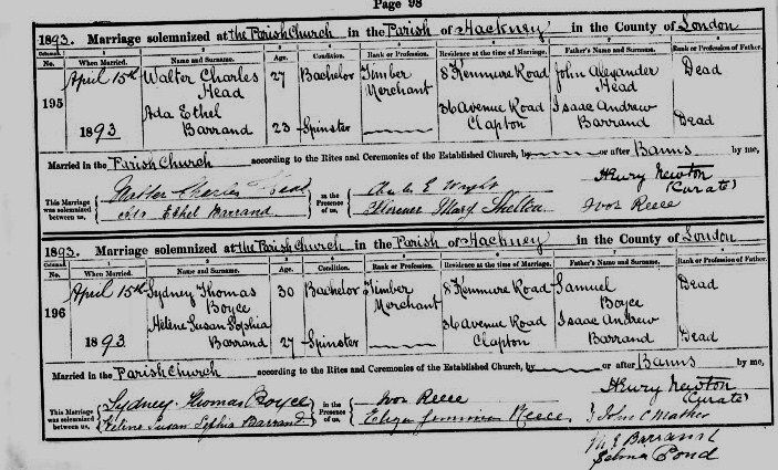 Marriage certificate to Walter Charles Head (Same day as sister Helene)