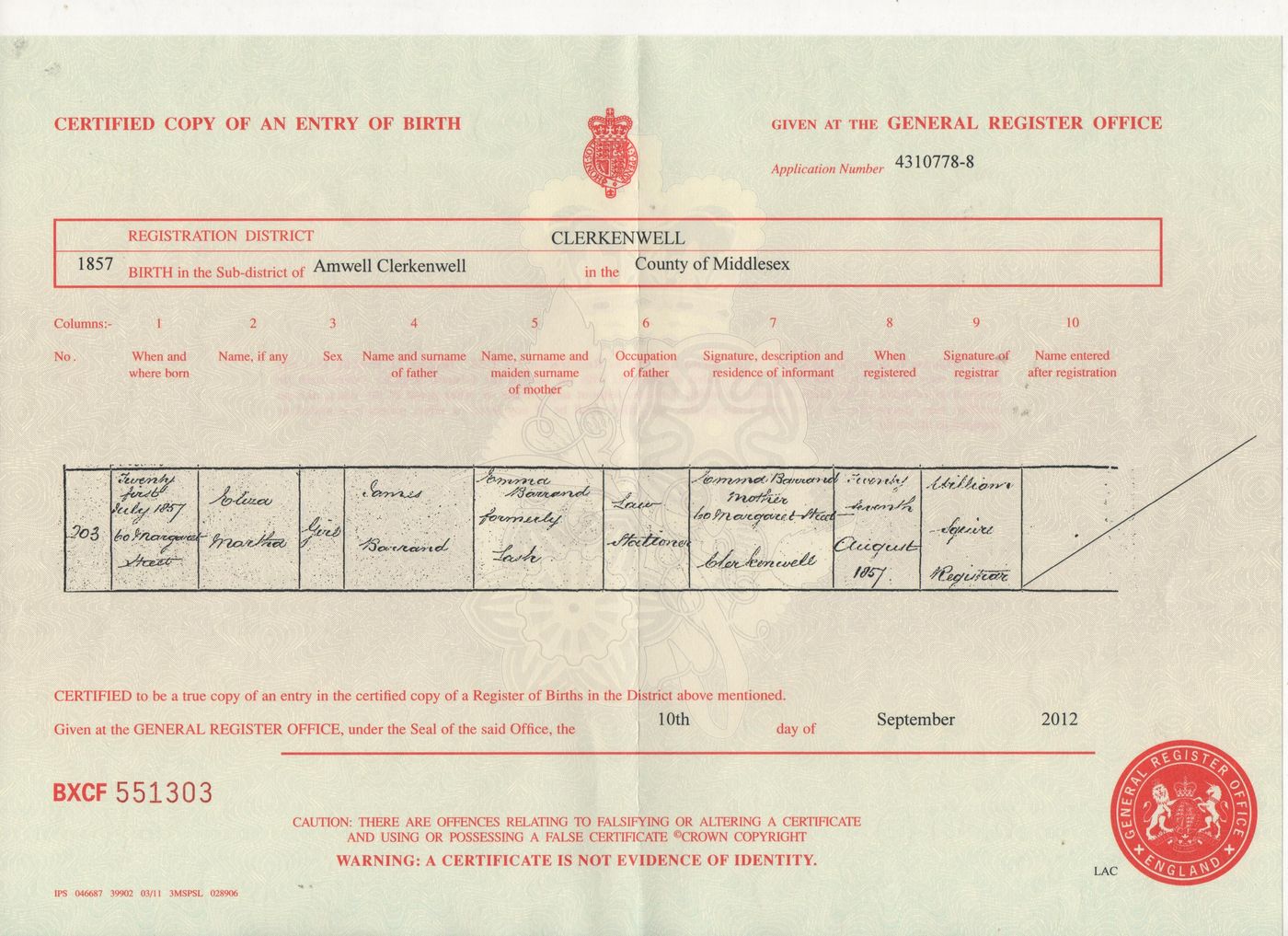 Birth Certificate Eliza Martha Barrand