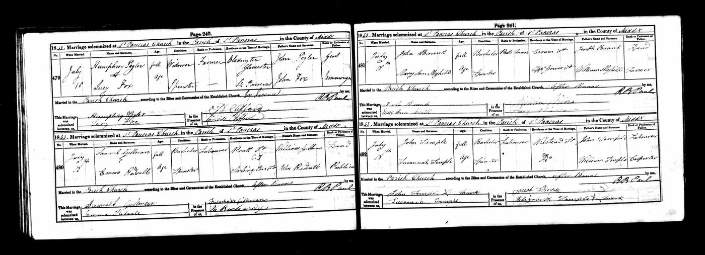 Marriage certificate of John Brunt and Mary Ann Myhill