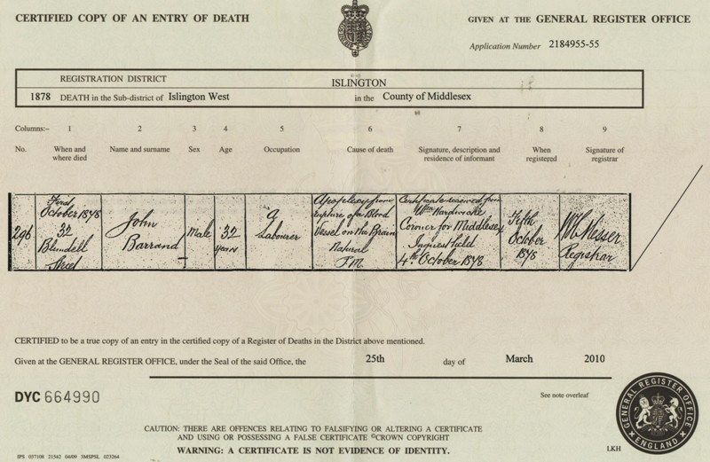 Death Certificate of John Thomas Barrand 1878