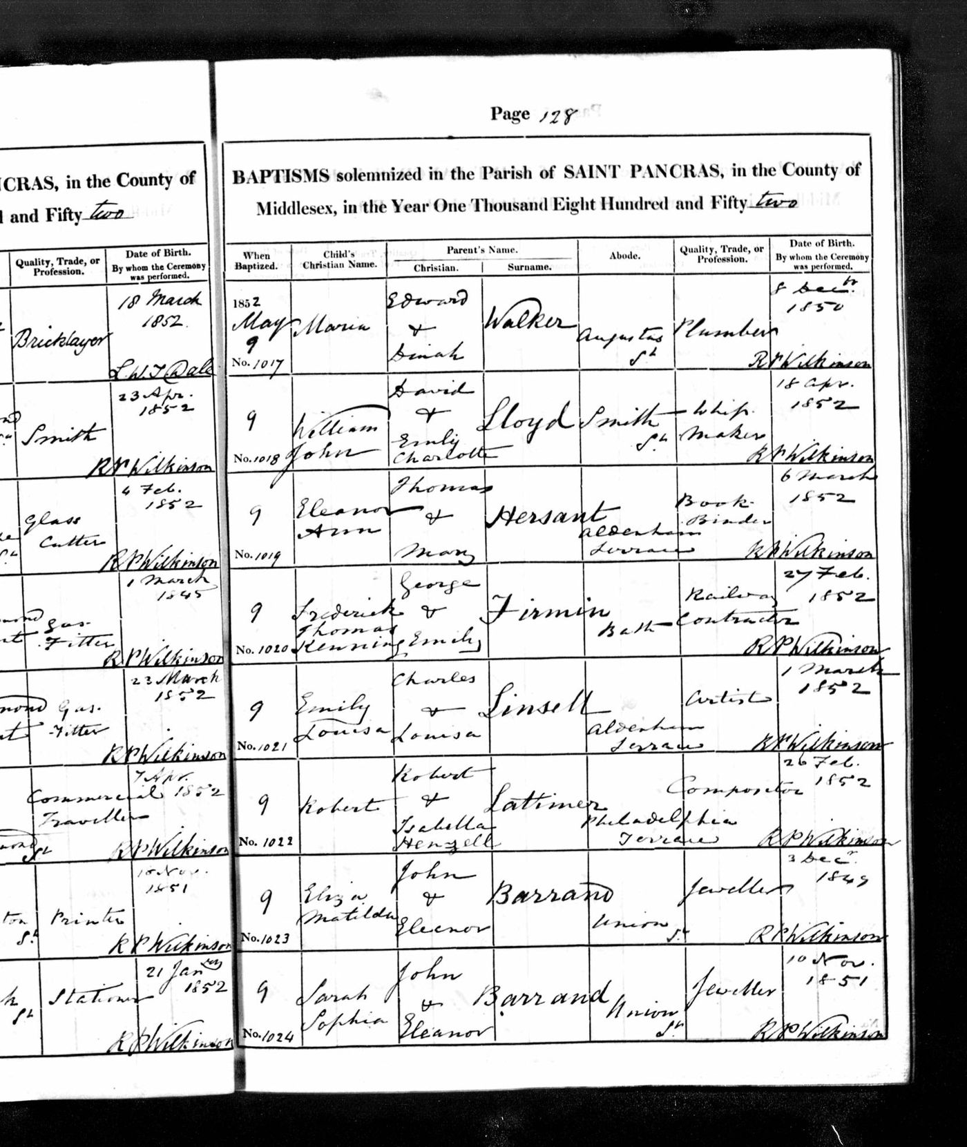 Baptism record of Sarah Sophia Barrand