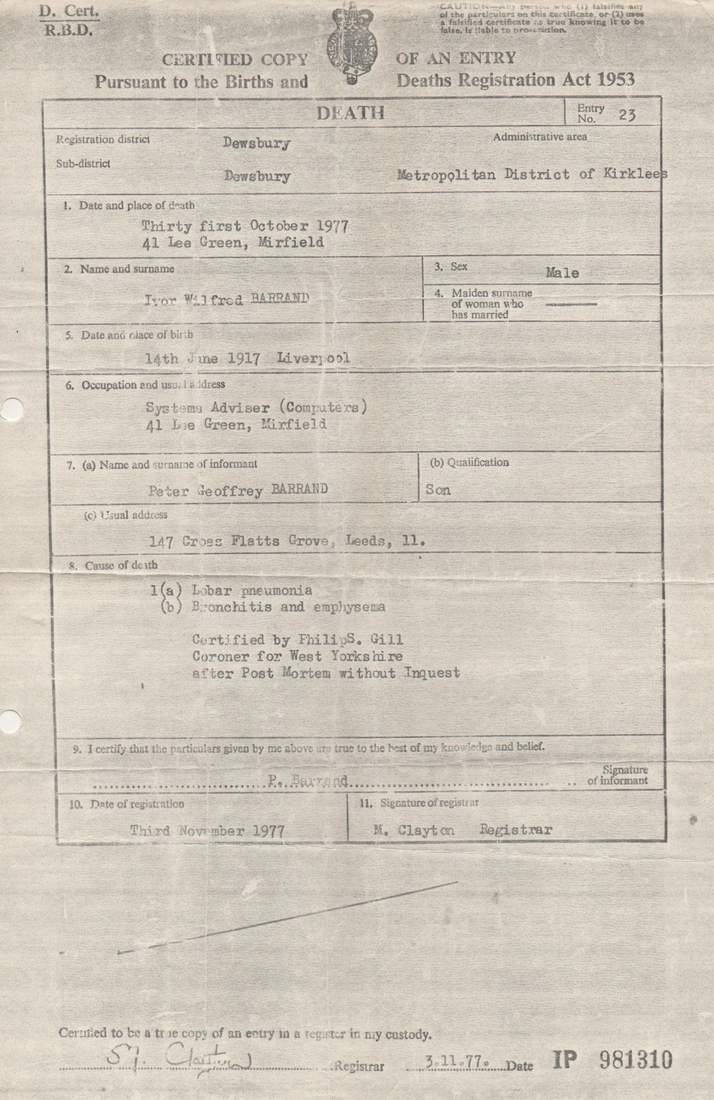 Death Certificate of Ivor Barrand
