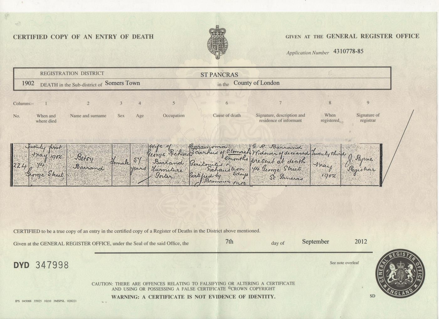 Death Certificate of Betsy Barrand (nee Bennett) 1902