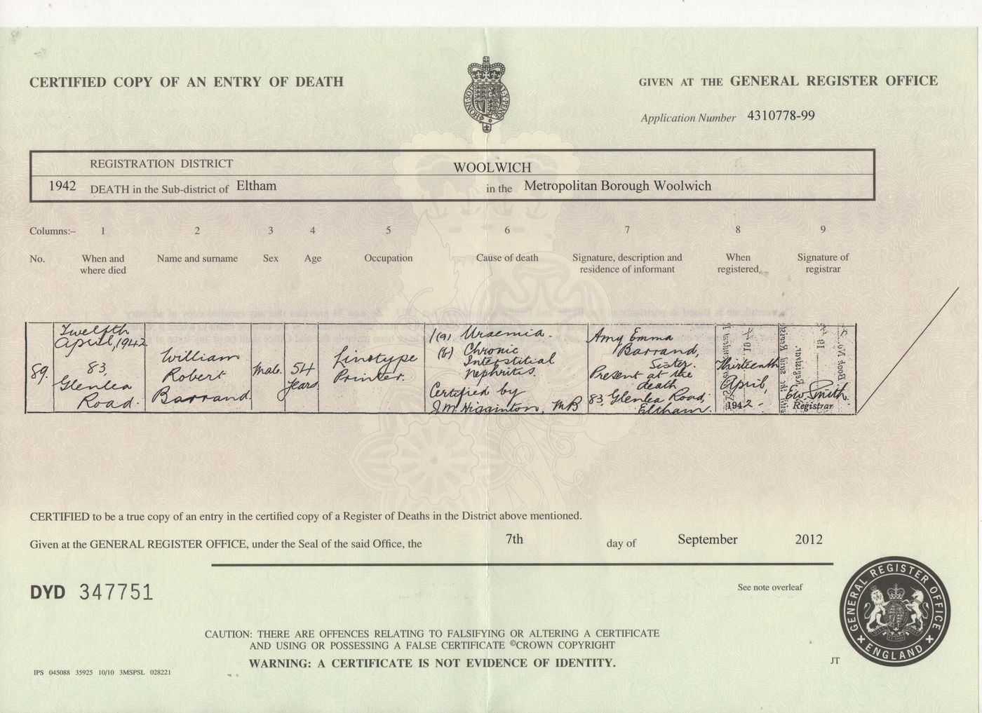 Death Certificate William Robert Barrand 1942