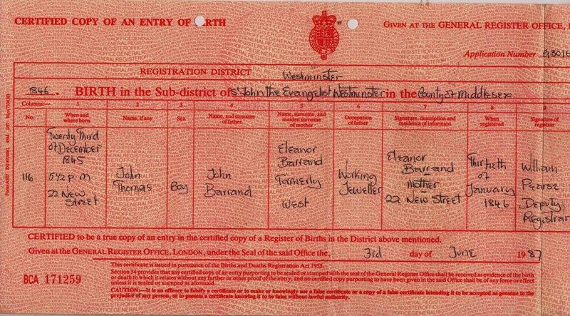 Birth Certificate John Thomas Barrand