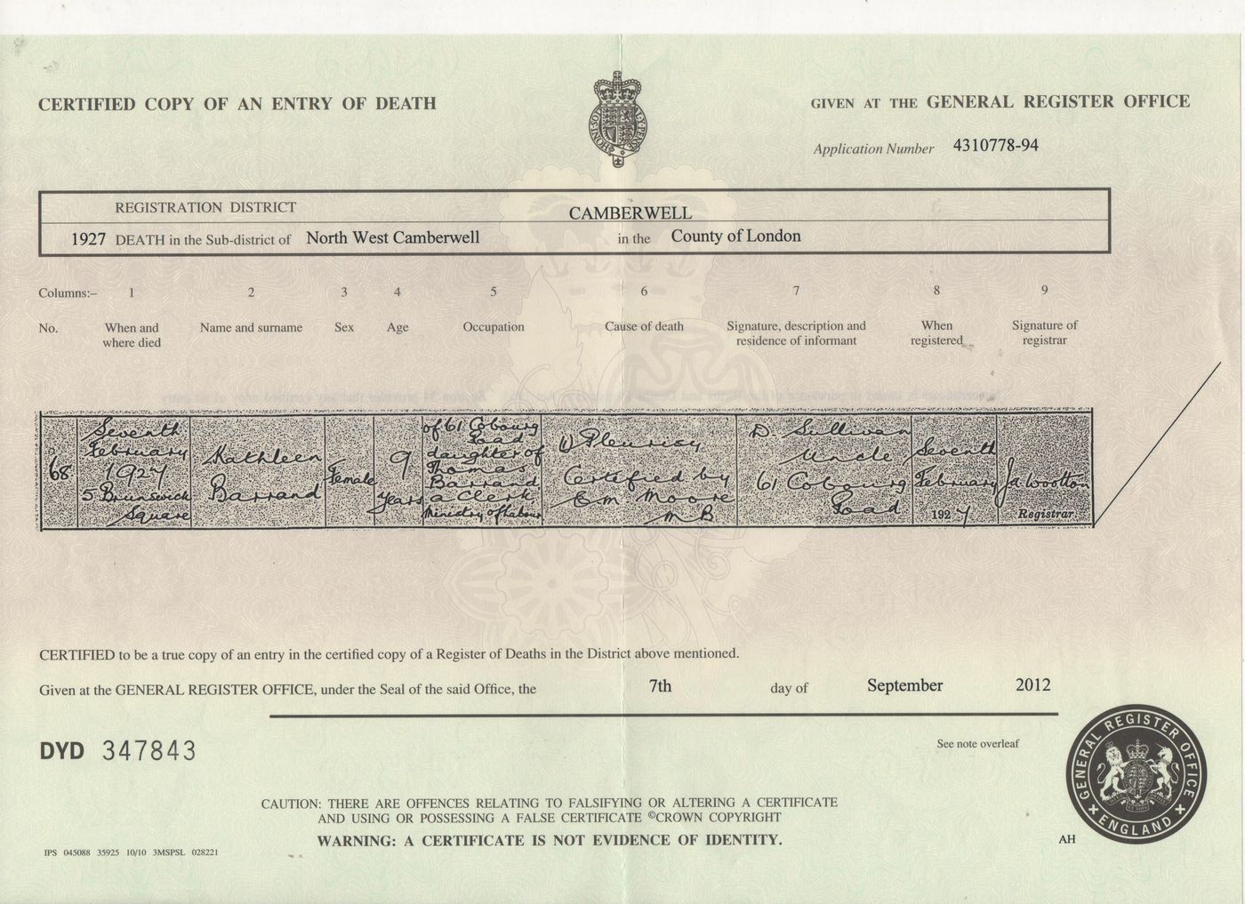 Death Certificate of Kathleen Barrand 1927