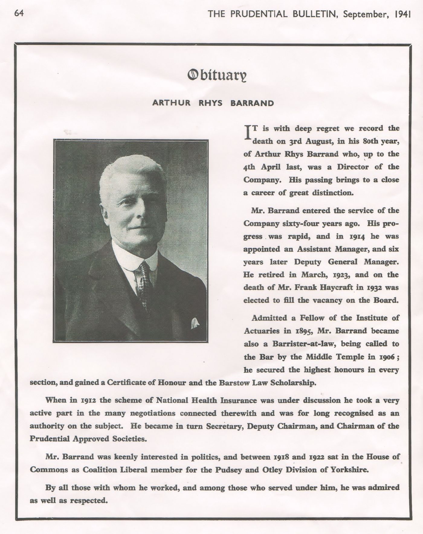 Obituary from Prudential Assurance Co – Printed in their magazine