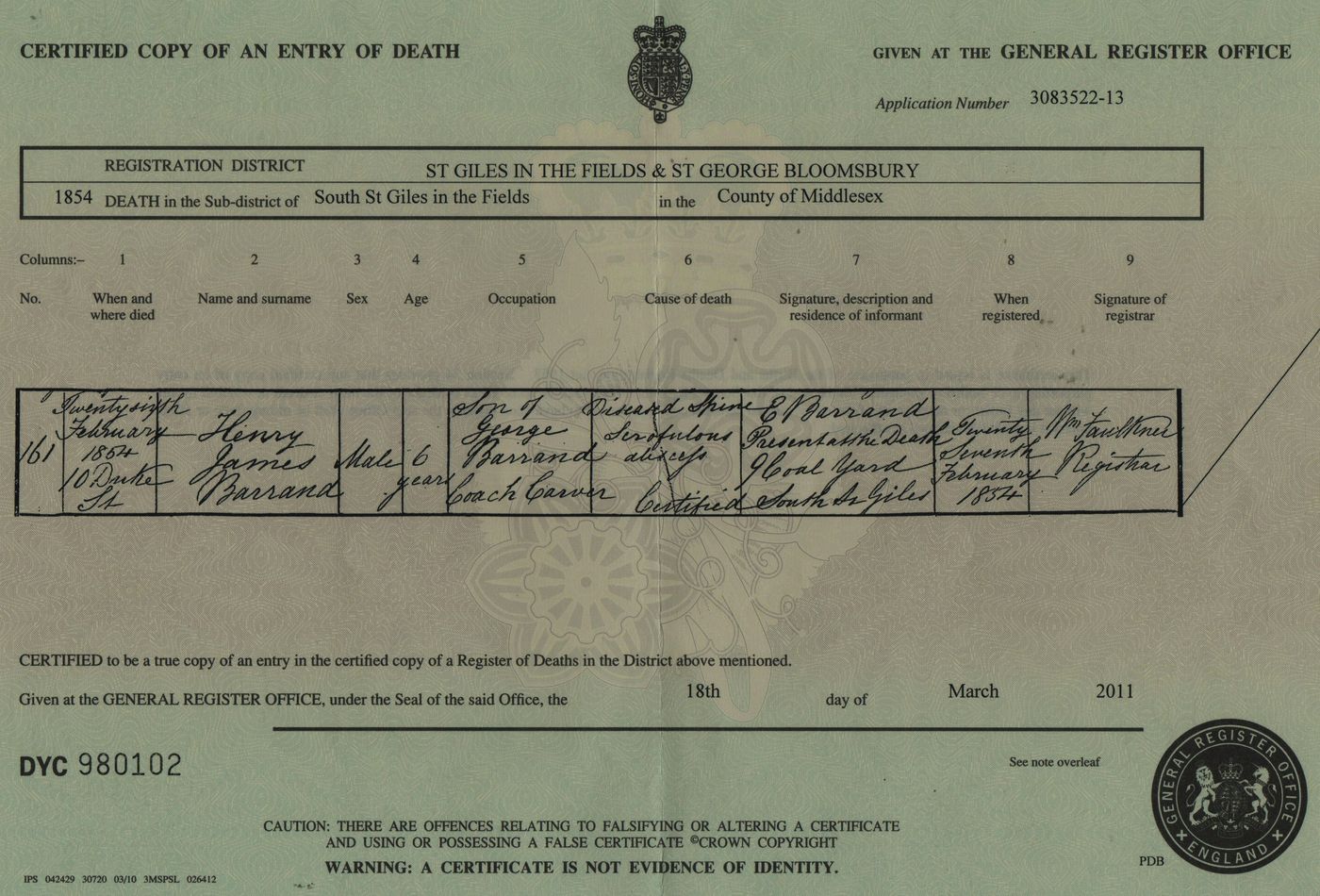 Death Certificate for Henry James Barrand