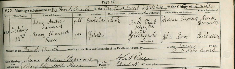 Marriage Certificate of Isaac Andrew and Mary Elizabeth Reece (Internet)