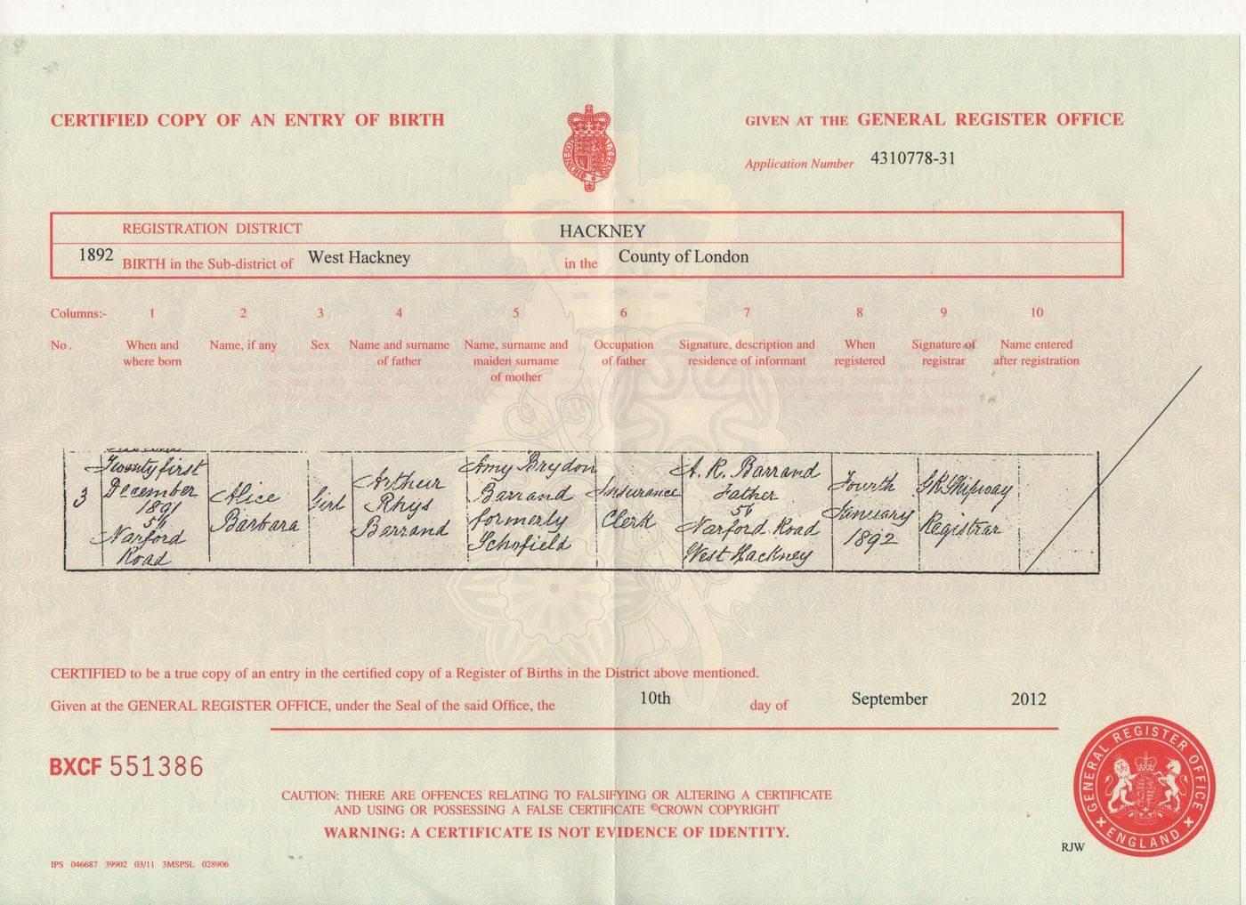 Birth Certificate of Alice Barbara Barrand