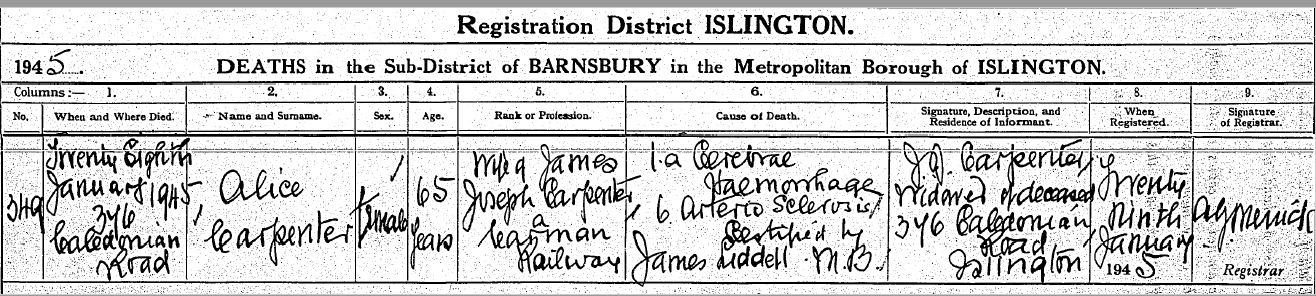 Death Certificate Alice Carpenter