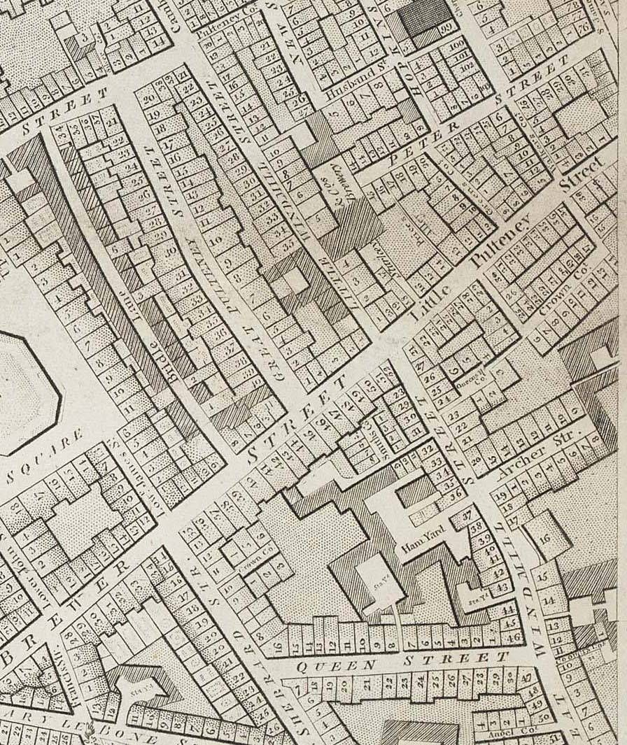 Horwood map of 1792-1799 showing Hopkins Street Chapel in Soho