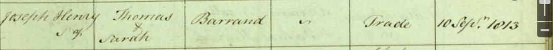 Record of the birth of Joseph Henry Barrand 1813