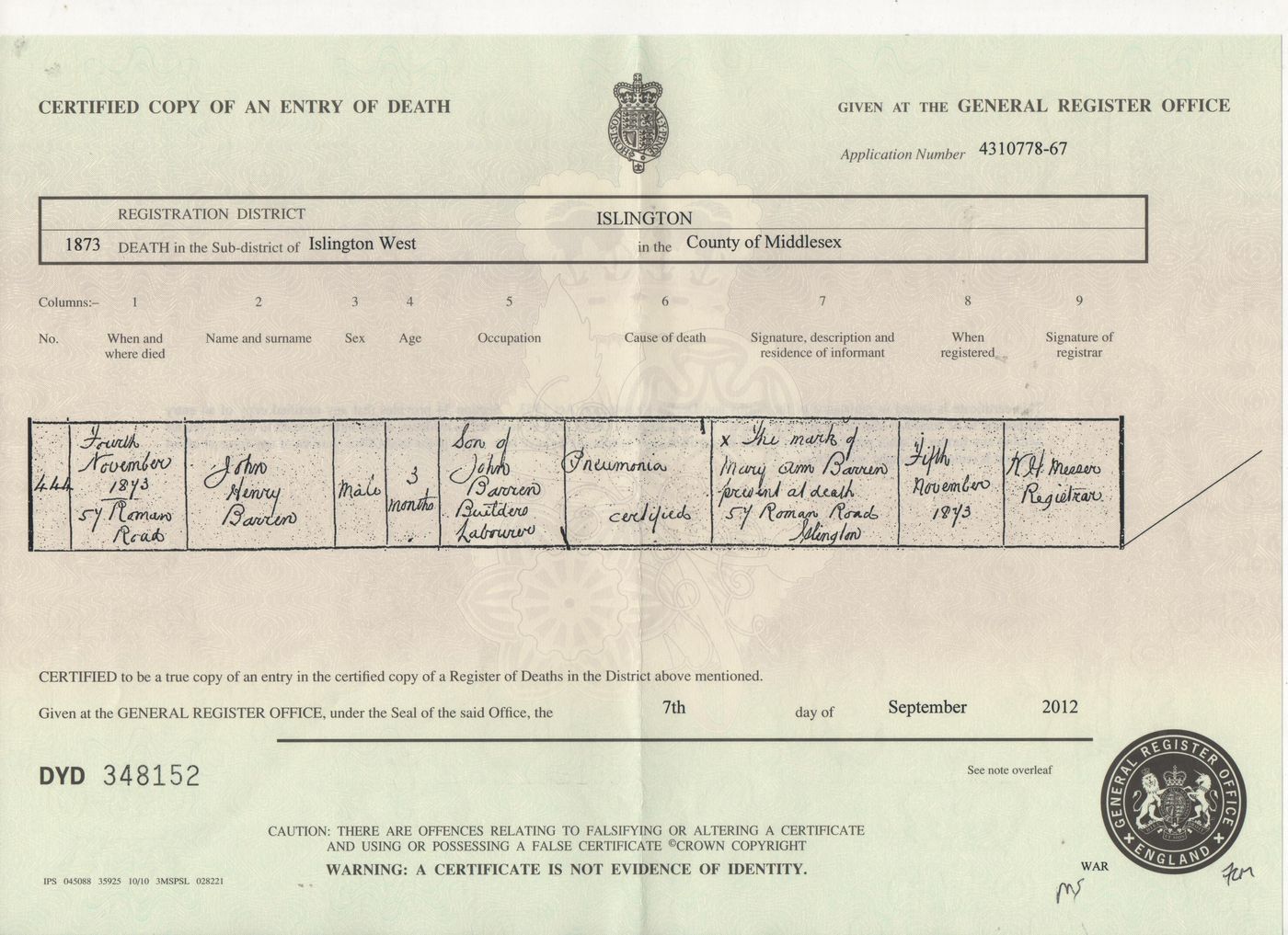 Death Certificate John Henry Barren (Barrand)