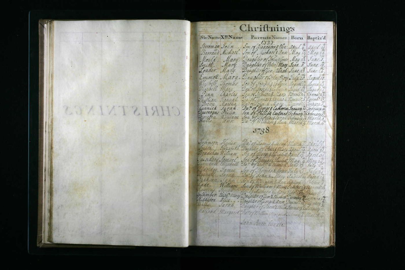 Christening record of Michael Barraud 1737