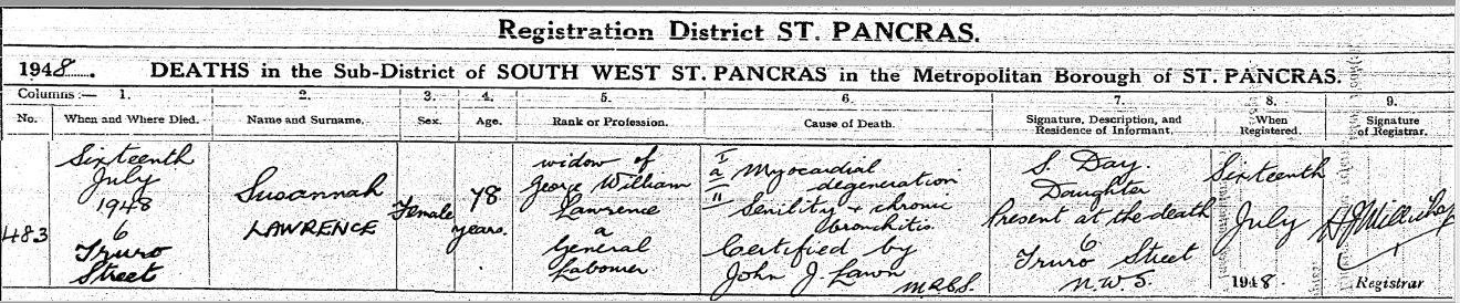 Death Certificate Susannah Lawrence (Nee Barrand)