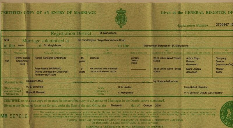Marriage Certificate Harold Schofield Barrand and Rose Maise Barrand