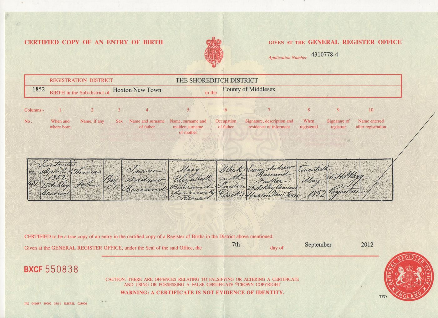 Birth Certificate of Thomas John Barrand 1852
