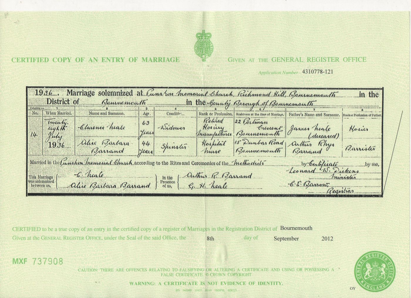 Marriage Certificate of Alice Barbara Barrand and Clarence Neale