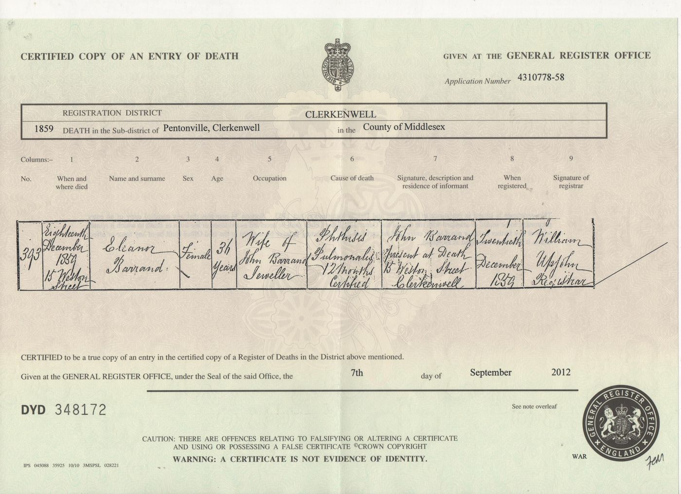 Death certificate of Eleanor Barrand (nee West)