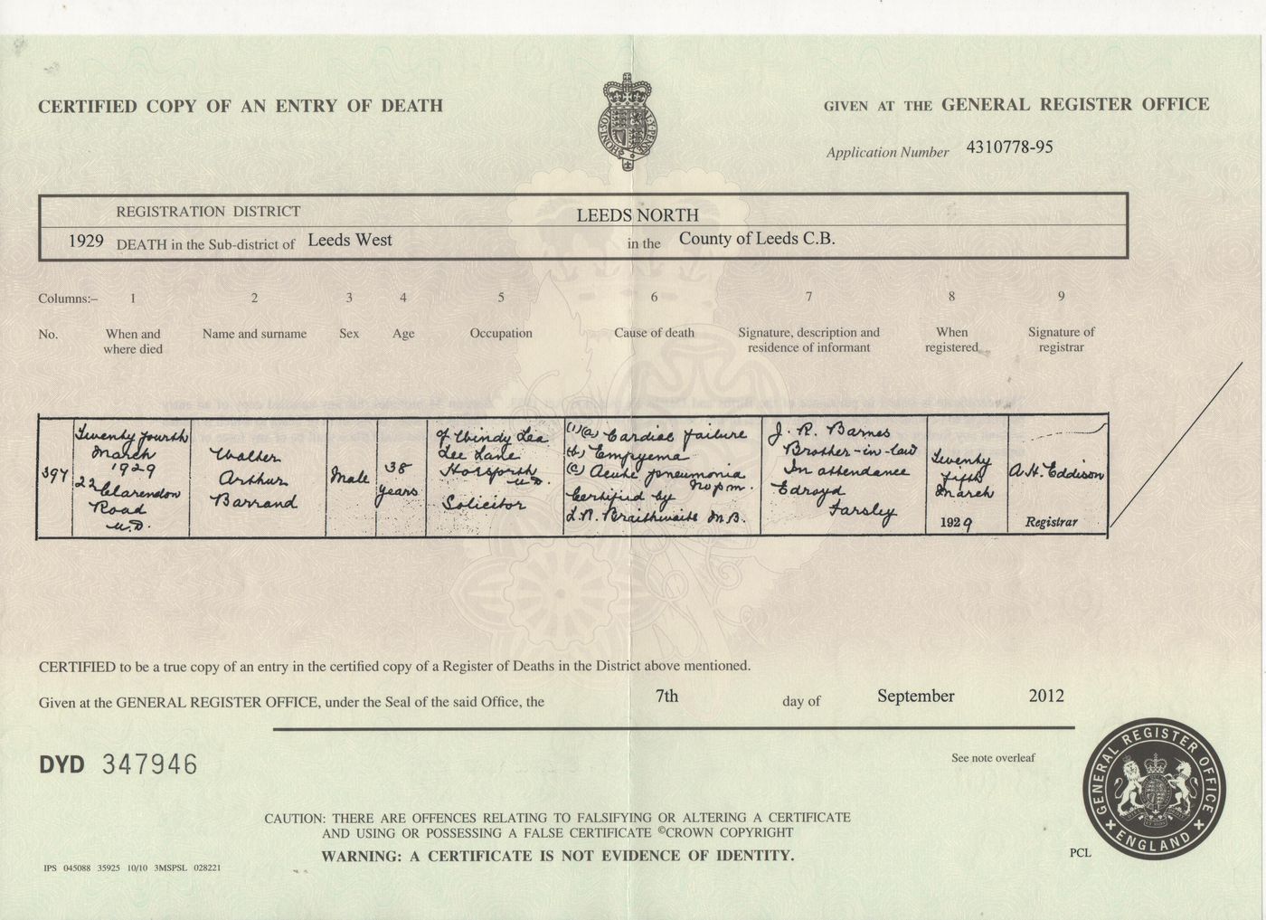 Death Certificate of Walter Arthur Barrand 1929