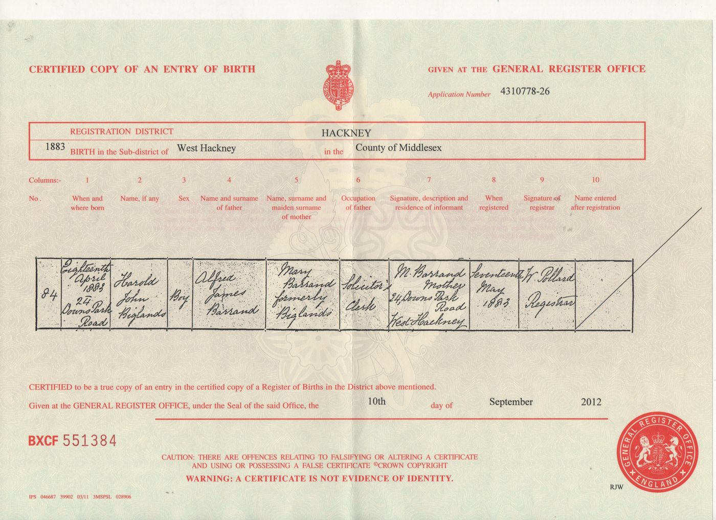 Birth Certificate Harold John Biglands Barrand 1883