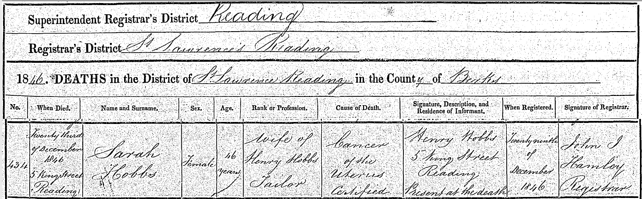 Death Certificate Sarah Hobbs (nee Pristoe) 1846