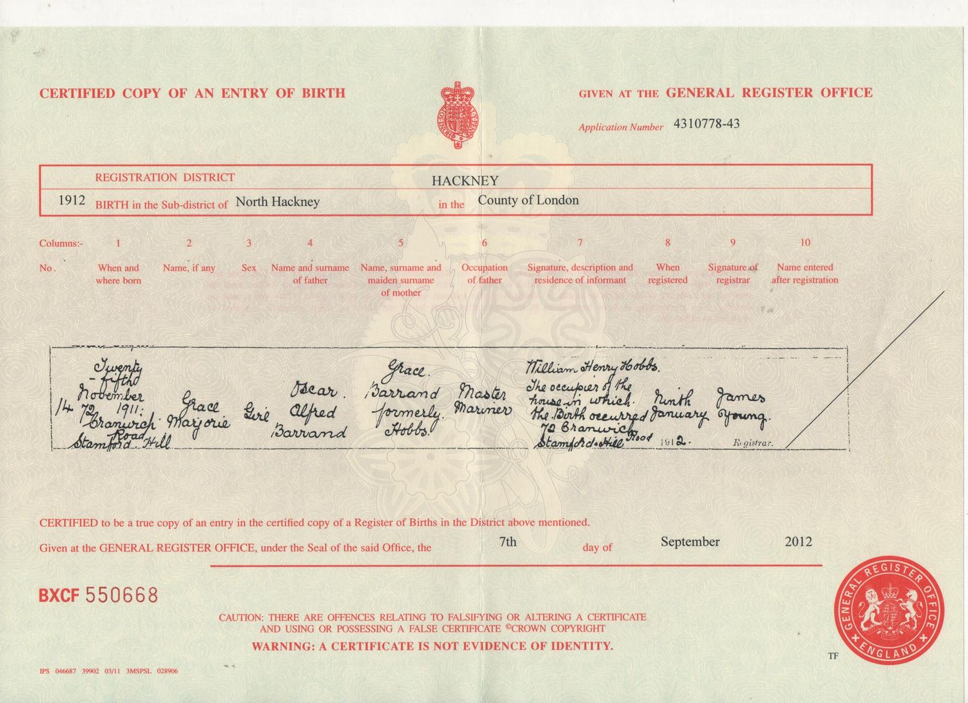 Birth Certificate of Grace Marjorie Barrand 1911
