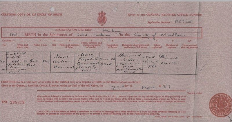 Birth Certificate of Arthur Rees Barrand