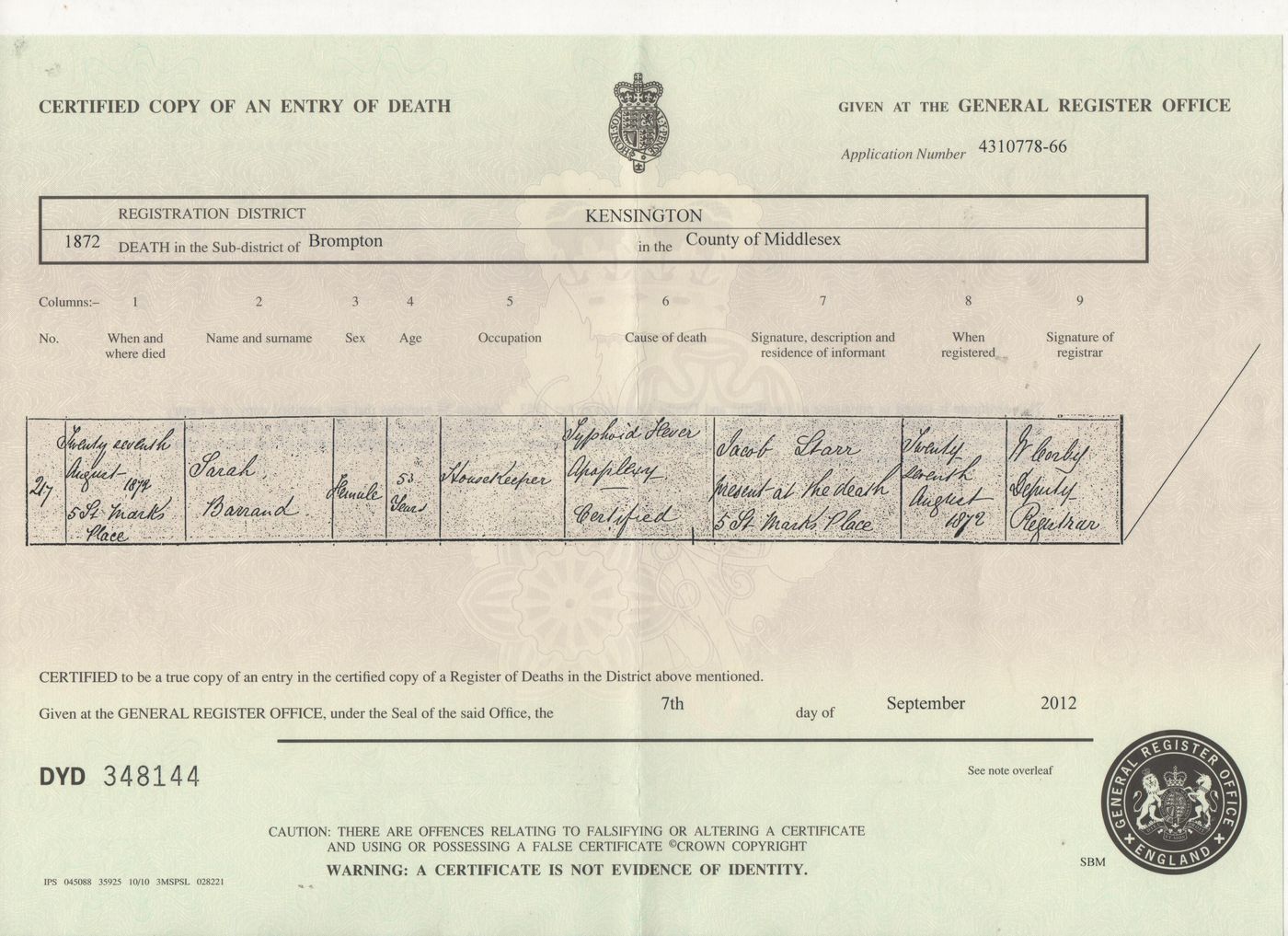 Death Certificate Sarah Elizabeth Barrand