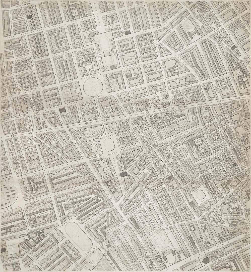 Horwood map of 1792-1799 showing Oxford Street, Hopkins Street and the chapel which was the brothel