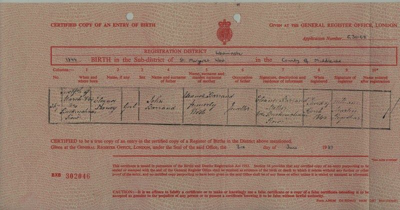 Birth Certificate of Eleanor Nancy Barrand