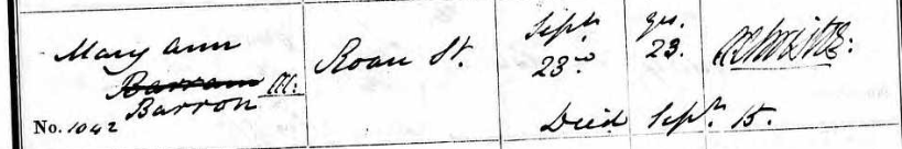 Burial of Mary Barron (daughter of Joseph/Mary) from Roan Street 1847