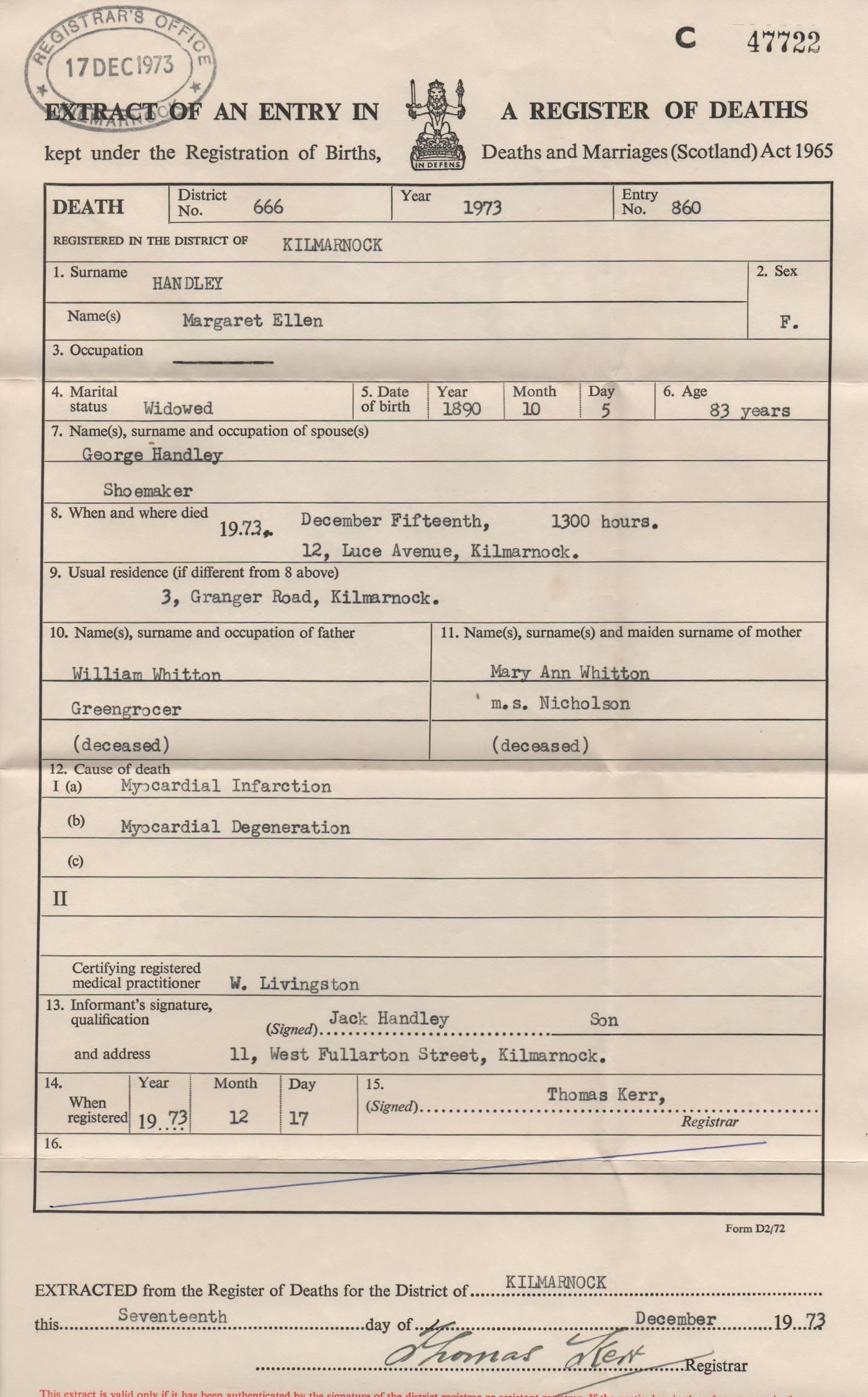 Death Certificate – Margaret Ellen Handley