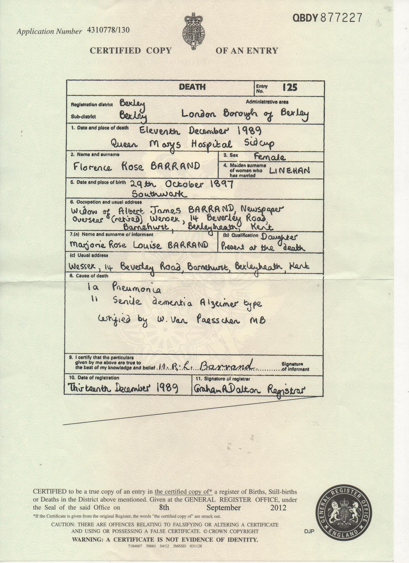 Death Certificate Rose Barrand (nee Linehan)