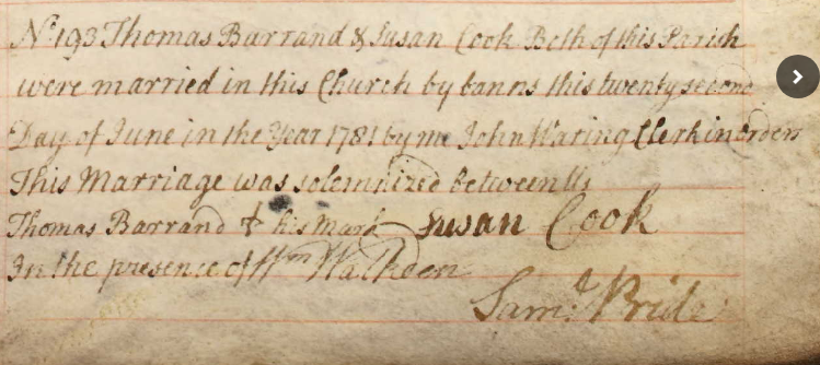 Marriage record of Thomas Barrand and Susan Cook