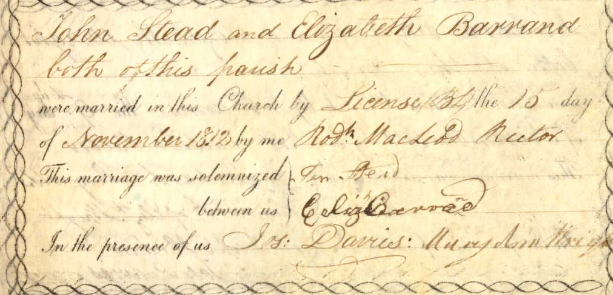 Copy of marriage certificate of Elizabeth Barrand and John Stead 1812