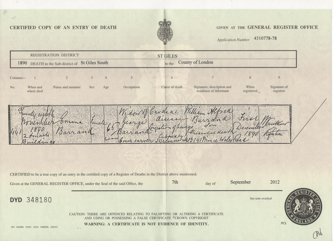 1890 Death Certificate of Emma Barrand (nee Chivers) - 2 Smarts Buildings