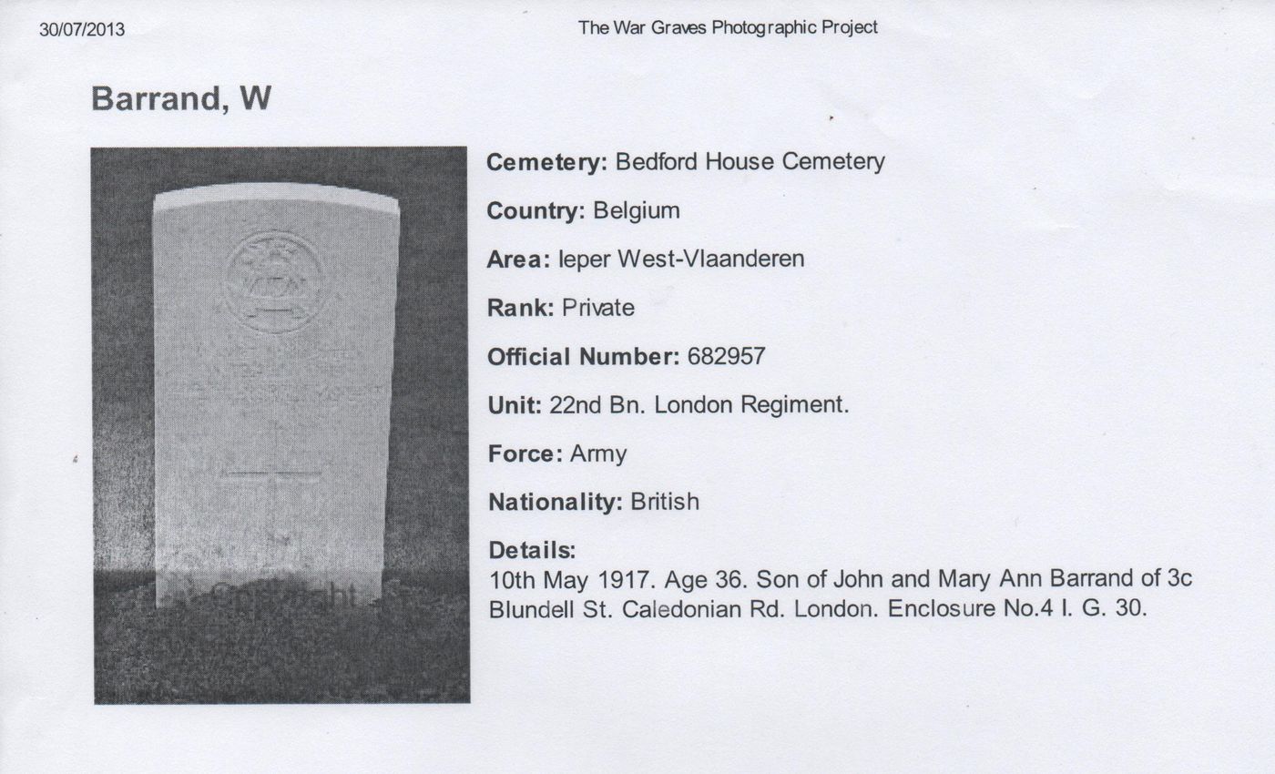 Son of John and Mary Ann Barrand, of 3c, Blundell St., Caledonian Rd., London.