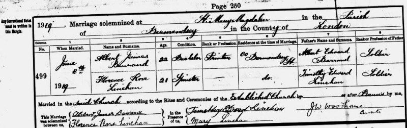 Marriage of Albert James + Florence Rose Linehan 1919