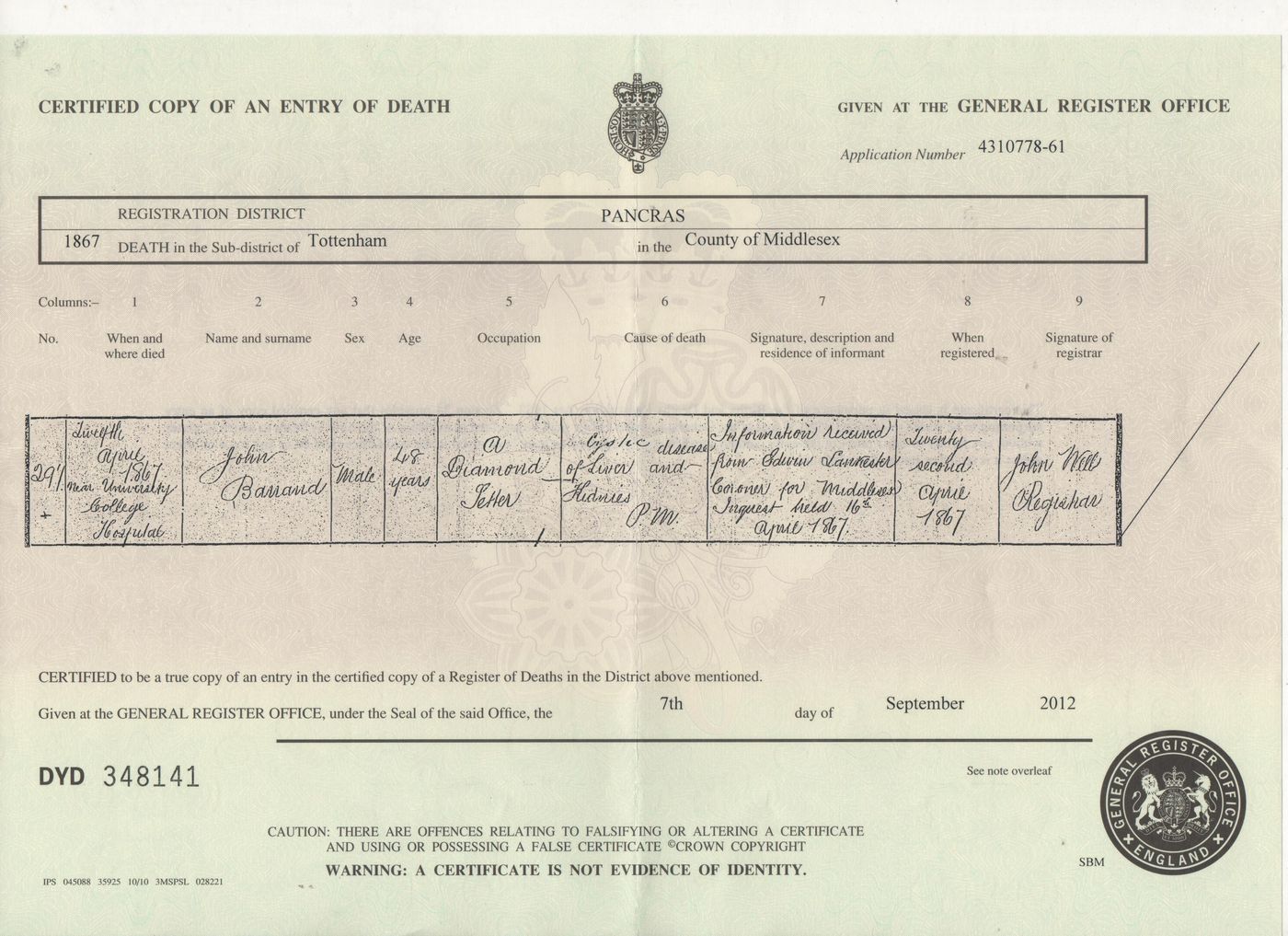 Death Certificate of John Barrand