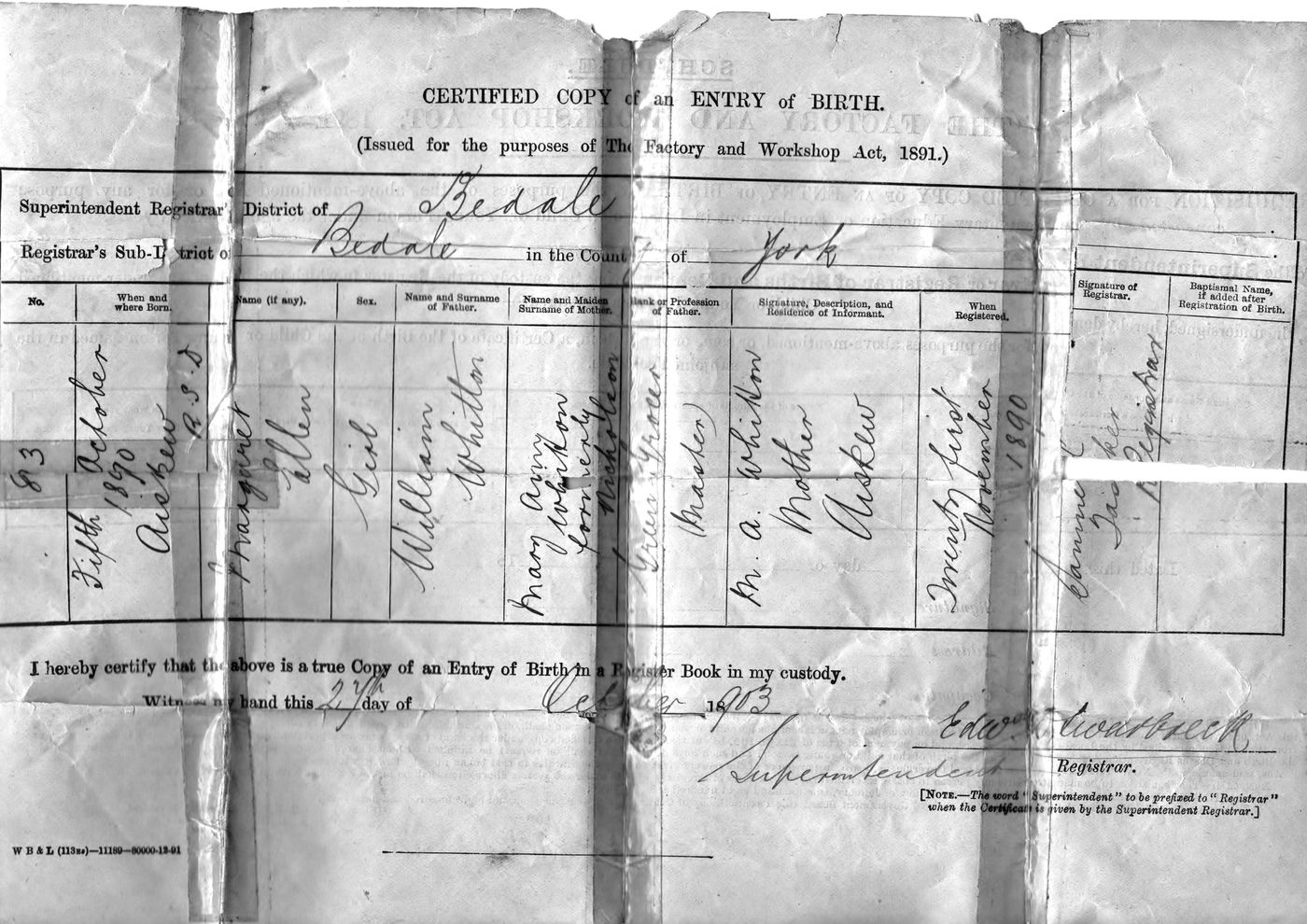 Birth Certificate – Margaret Ellen Whitton