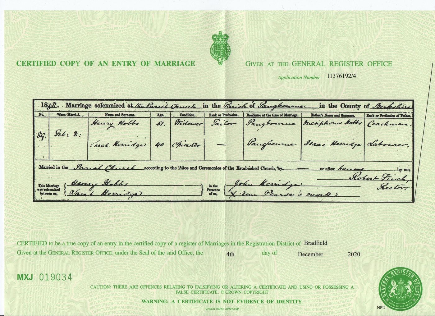 Marriage certificate Henry Hobbs and Sarah Herridge 1858