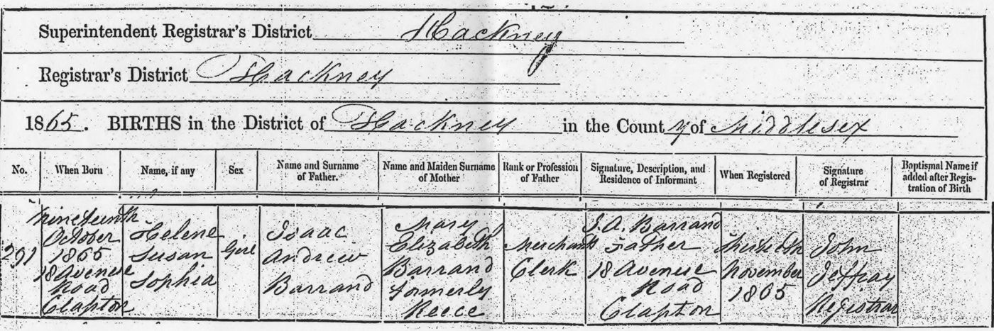 Birth Certificate Helene Susan Sophia Barrand