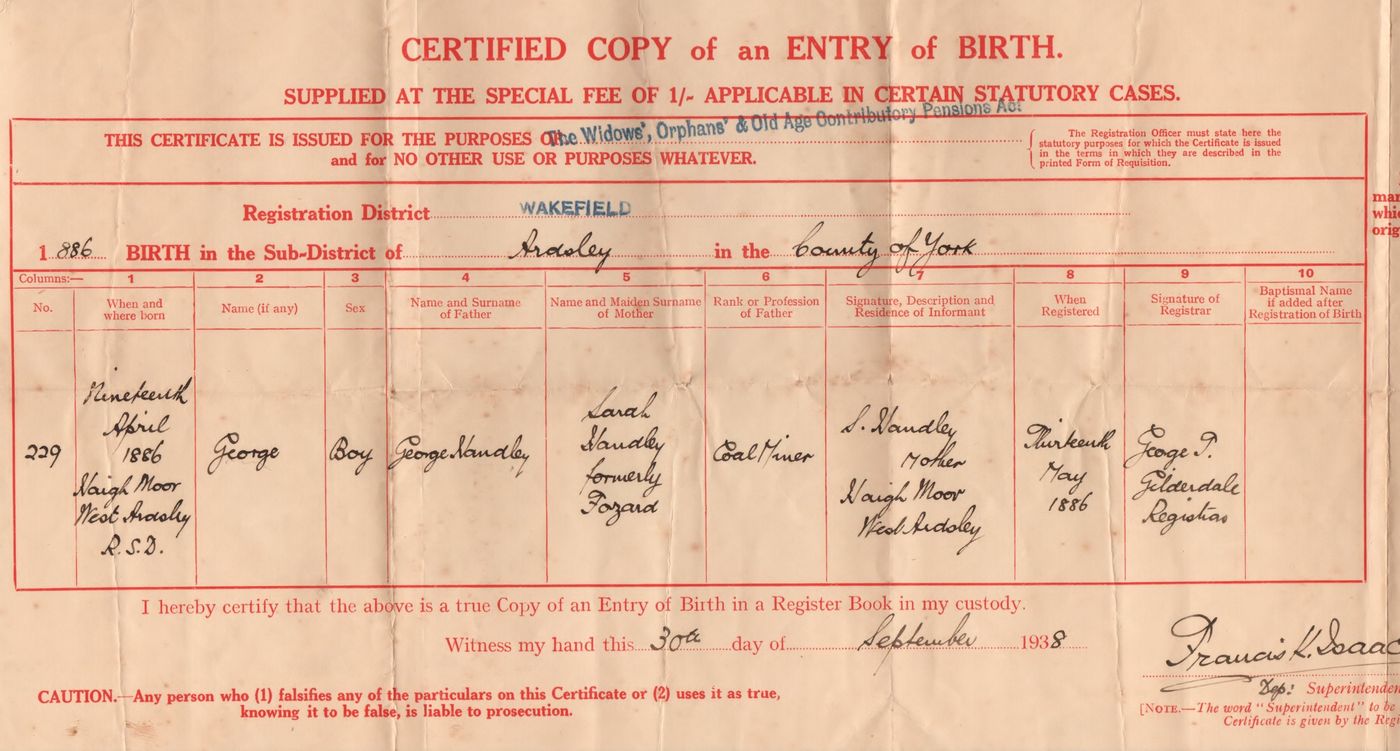 Birth Certificate – George Handley